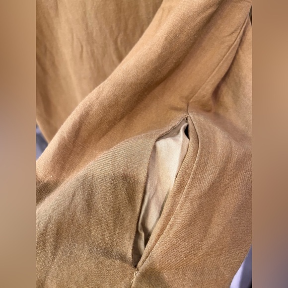 Movint linen 3/4 sleeves back button high neck mini dress mustard color - Picture 4 of 6